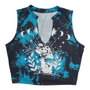 NWT Remidoo Mushroom Celestial Crop Top XS Blue Black Tie-Dye Graphic Tank Top